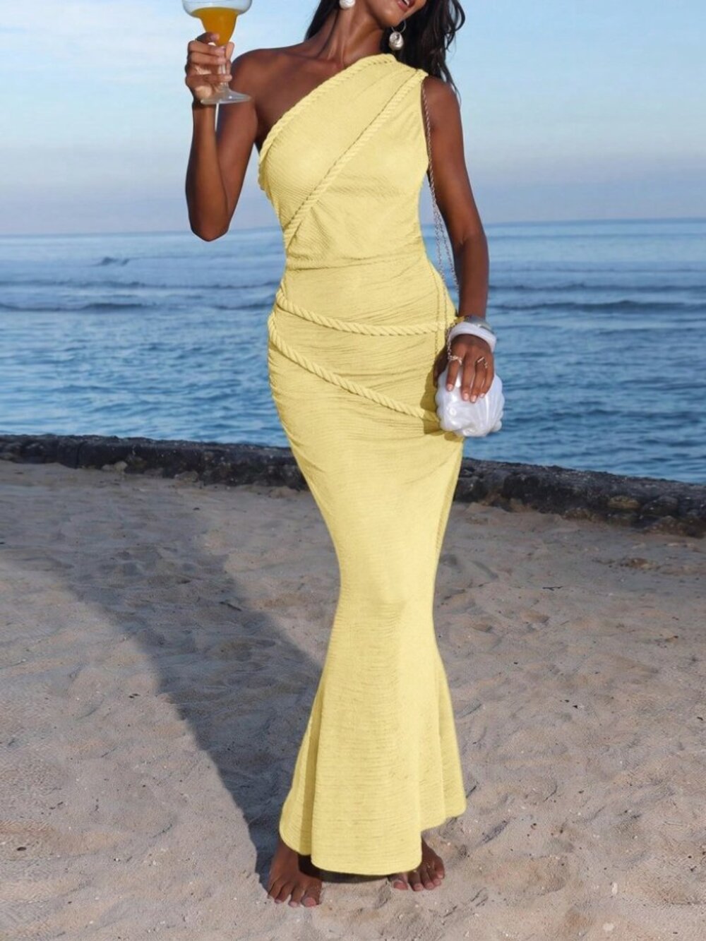 Yellow One Shoulder Rope Trim Mermaid Maxi Dress